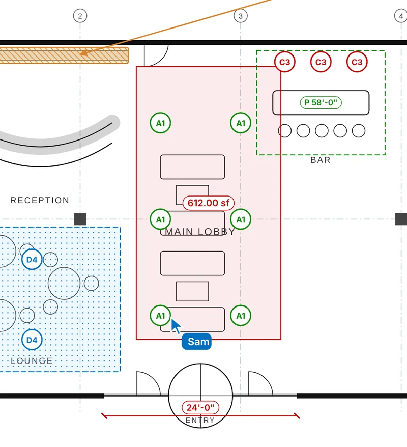 Lobby plan with A1 fixture tags, a 612 square foot measured area, and a 24 foot dimension