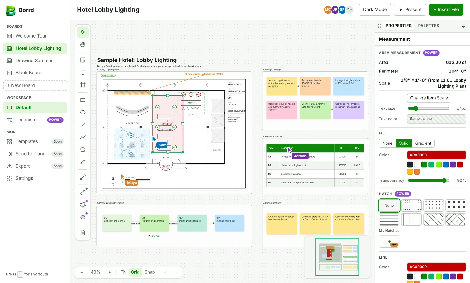 Hotel Lobby Lighting board with a scaled plan, concept notes, fixture schedule, and next steps, light mode